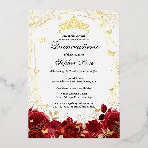 Invitation En Aluminium Couronne de fleurs rouge or Quinceanera