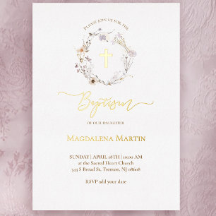 Invitation En Aluminium couronne de fleurs sauvages détails dorés Baptême