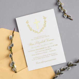 Invitation En Aluminium Couronne de laurier dorée Croix Célébration de la