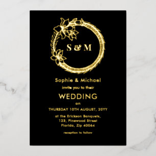 Invitation En Aluminium Couronne de mariage à monogramme or noir
