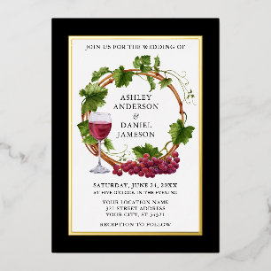 Invitation En Aluminium Couronne de mariage aux vignes à l'aquarelle noir