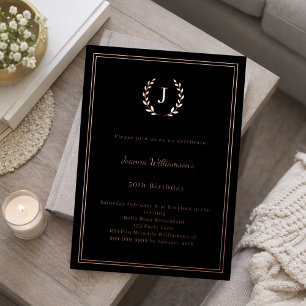 Invitation En Aluminium Couronne de naissance à monogramme or rose noir