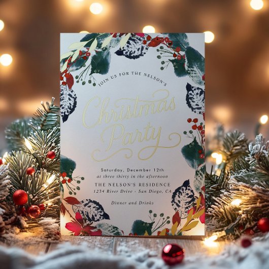 Invitation En Aluminium Couronne de Noël enneigée et luxuriante Script
