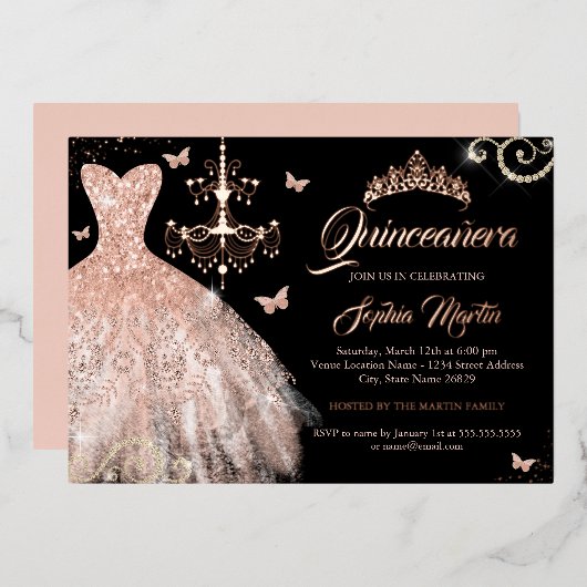 Invitation En Aluminium Couronne de papillon en or rose noire Robe Quincea (Recto/Verso)