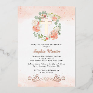 Invitation En Aluminium Couronne de pêches croix dorée brillante florale f