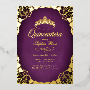 Invitation En Aluminium Couronne de Quinceanera Fleurie Violet Or