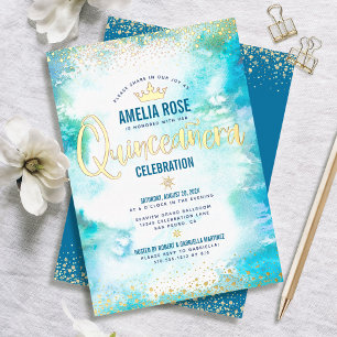 Invitation En Aluminium Couronne de Quinceañera Turquoise Aquarelle Or Vér