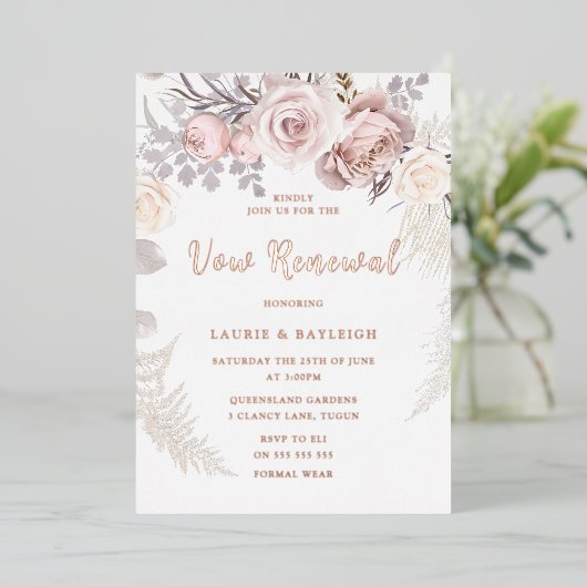 Invitation En Aluminium Couronne de rose dorée rose blush magnifique Renou (Debout devant)