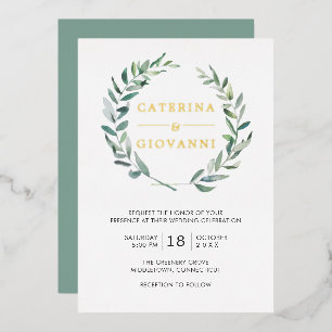 Invitation En Aluminium Couronne de verdure vert sauge Rustique Mariage Or