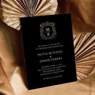 Invitation En Aluminium Couronne dorée noire   Mariage élégant