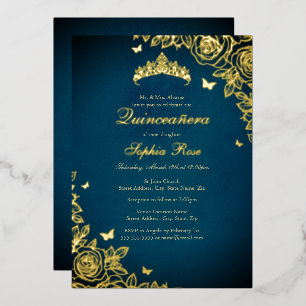 Invitation En Aluminium Couronne élégante bleue et or Rose Quinceanera