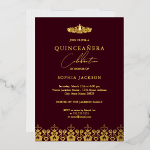 Invitation En Aluminium Couronne Élégante Or Bourgogne Quinceanera
