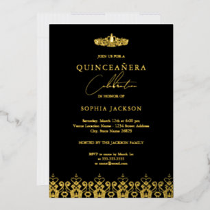 Invitation En Aluminium Couronne Élégante Or Noir Quinceanera