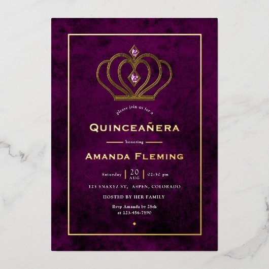 Invitation En Aluminium Couronne en pierre violet et or Quinceañera (Recto)