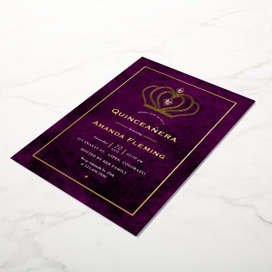 Invitation En Aluminium Couronne en pierre violet et or Quinceañera (Rotation)