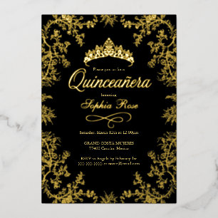 Invitation En Aluminium Couronne Fleurie Noir Or Royal pour Quinceanera