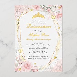 Invitation En Aluminium Couronne Fleurie Papillon Blush Rose Quinceanera