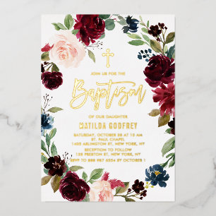Invitation En Aluminium Couronne florale aquarelle boho bordeaux Baptême