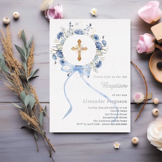 Invitation En Aluminium Couronne florale bleue arc garçon baptême argent