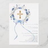Invitation En Aluminium Couronne florale bleue arc garçon baptême argent (Recto)