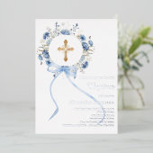 Invitation En Aluminium Couronne florale bleue arc garçon baptême argent (Debout devant)