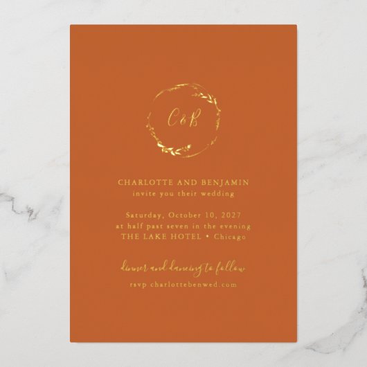 Invitation En Aluminium Couronne florale de monogramme orange brûlé, maria (Recto)