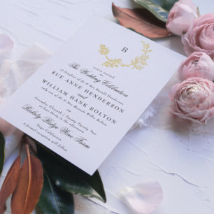 Invitation En Aluminium Couronne florale dorée Monogramme classique de mar
