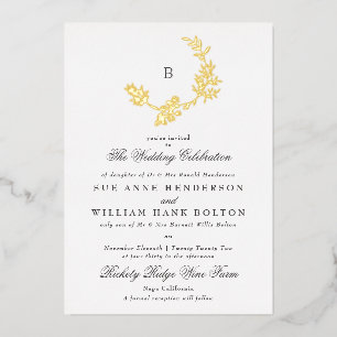 Invitation En Aluminium Couronne florale dorée Monogramme classique Mariag