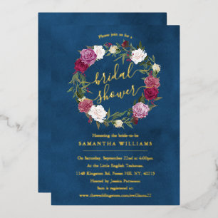 Invitation En Aluminium Couronne florale élégante bleu marine Réelle pour