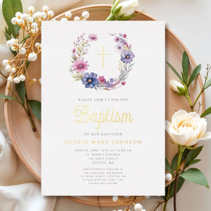 Invitation En Aluminium Couronne florale élégante Croix religieuse Baptême