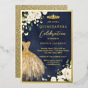 Invitation En Aluminium Couronne florale élégante or marine Robe Quinceane