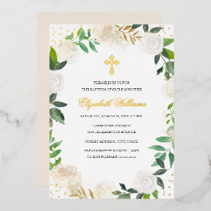 Invitation En Aluminium Couronne florale en or fille baptême