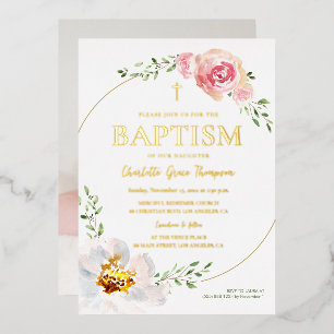 Invitation En Aluminium Couronne florale jolie croix dorée baptême photo f