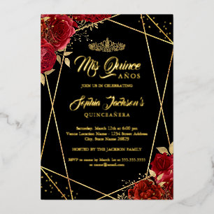 Invitation En Aluminium Couronne Florale Moderne Or Rouge Quinceanera