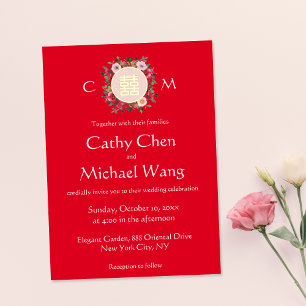 Invitation En Aluminium Couronne florale rouge logo de mariage chinois ini