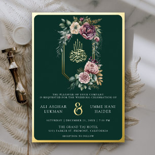 Invitation En Aluminium Couronne florale violette émeraude mariage musulma