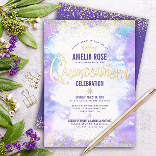 Invitation En Aluminium Couronne Glam Aquarelle Violette Quinceañera Or Ré