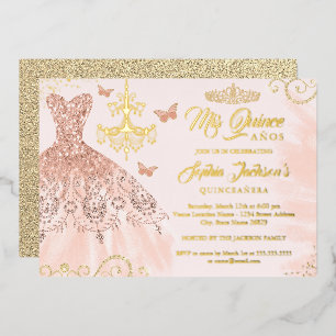 Invitation En Aluminium Couronne Papillon Rose Gold Robe Quinceanera