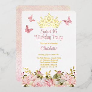Invitation En Aluminium Couronne   Papillons Rose Floral Douce 16e Anniver