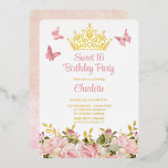 Invitation En Aluminium Couronne | Papillons rose Floral Sweet 16 Annivers<br><div class="desc">Design "Sweet 16 Birthday Party" avec une couronne de tiare en feuille d'or,  papillons en dégradé rose et sur le fond de la feuille d'or accentue les bordures florales rose rose. Ajoutez simplement les détails de la fête pour compléter la conception. Conception composite par Holiday Hearts Designs.</div>