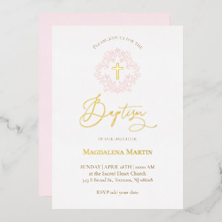 Invitation En Aluminium couronne rose Baptême
