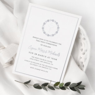 Invitation En Aluminium couronne végétale croix première communion