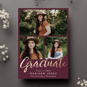 Invitation En Aluminium Cranberry Modern Script 4 Photos Graduation Party