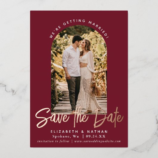 Invitation En Aluminium Cranberry Save the Date Stylish Script Photo (Recto)