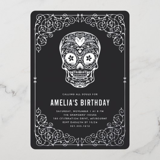 Invitation En Aluminium Crâne d'argent Dia de los Muertos fête d'anniversa (Recto)