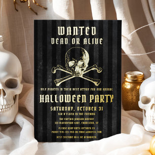 Invitation En Aluminium Crâne de pirate noir et os de Halloween Party Or