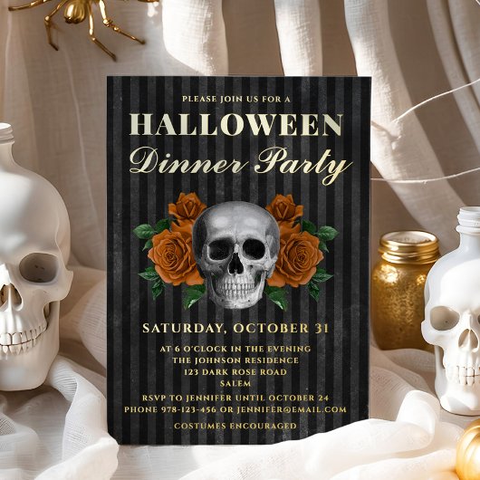Invitation En Aluminium Crâne Orange Rose Halloween Diner Party Gold