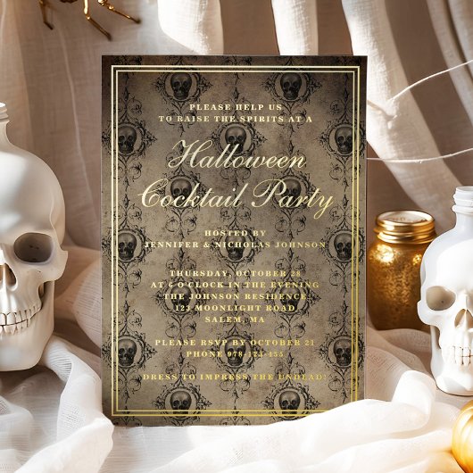 Invitation En Aluminium Crânes gothiques Halloween Cocktail Party Gold