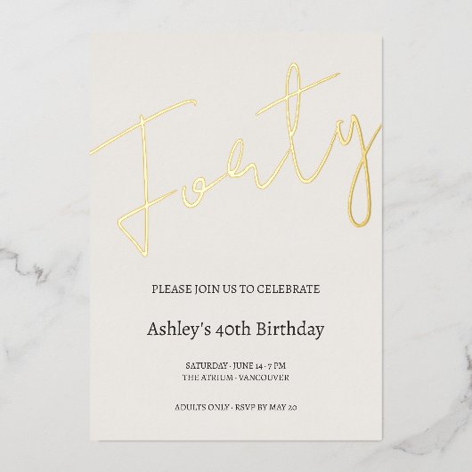 Invitation En Aluminium Cream and Gold 40th Birthday Celebration (Recto)