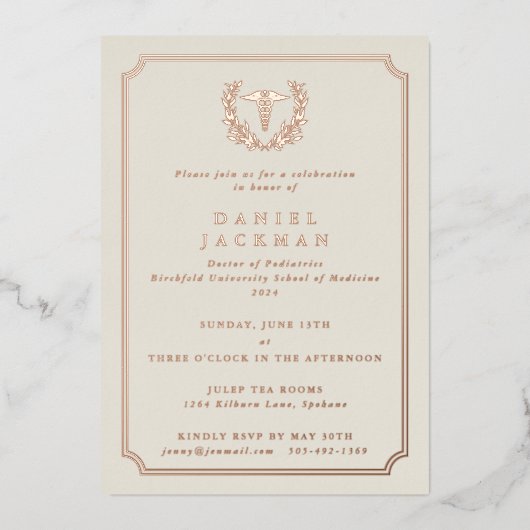 Invitation En Aluminium Cream Caduceus+Laurel Médicale School Graduation (Recto)